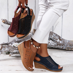Hollow European and American Fish Mouth plus size Wedge Roman Sandals Women's Popular Summer New Thick Sole Foreign Trade Sandals