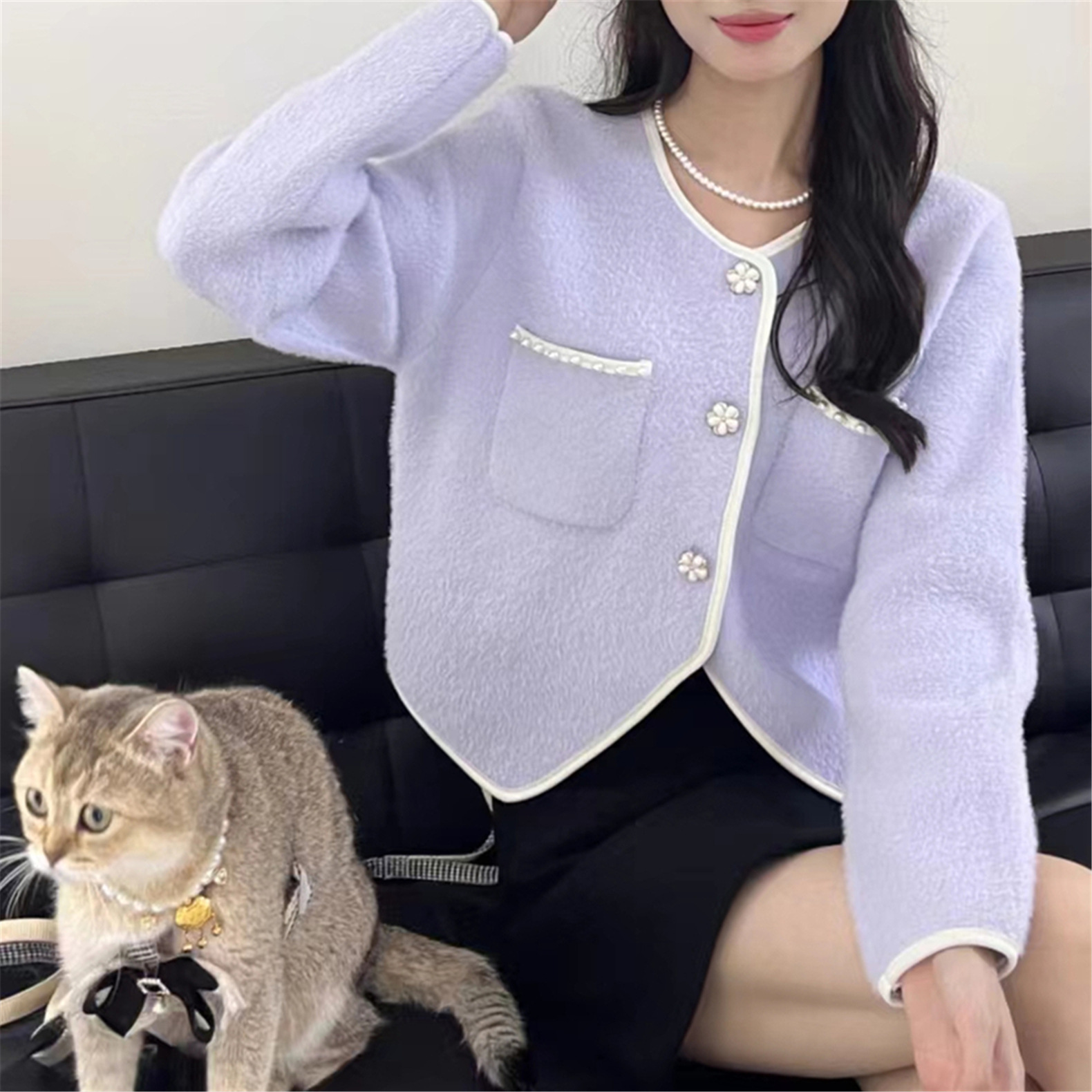 24 invierno Puyuan dulce viento fresco dulce imitación de cardigán de visón cuello redondo suelto camisa de estilo de mujer