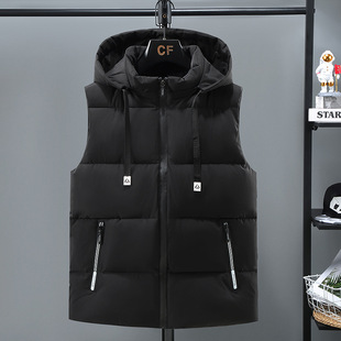 2025 Korean Style Detachable Hat Cardigan Casual Youth Slim Cotton Vest Warm Thickeneded Pure Color Vest for Men
