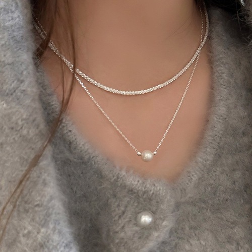 Double Layer Pearl Full Sky Star Necklace Women Simple Fashion Personality Creative S925 Silver Clavicle Chain Internet Famous Versatile Neck Chain 