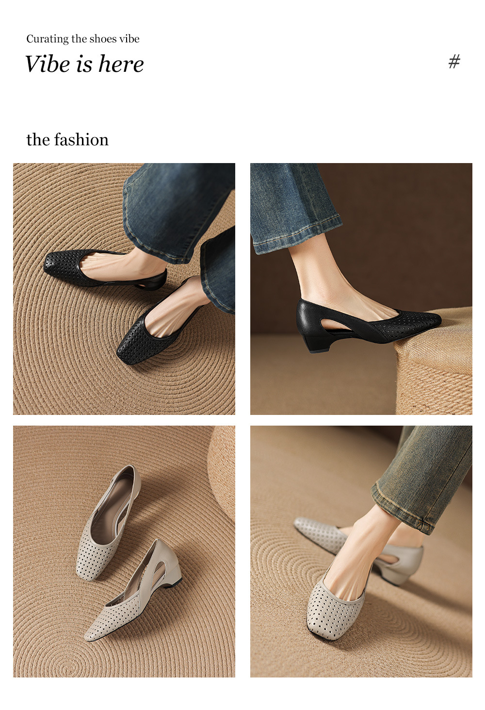 Giày sandal nữ mũi vuông gót thấp 3,5 cm da cừu đục lỗ hở mũi — đen chi tiết 1