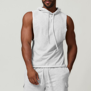 Cross-border men's casual hooded solid color waistcoat European and American sports leisure fitness sleeveless sweater 1014