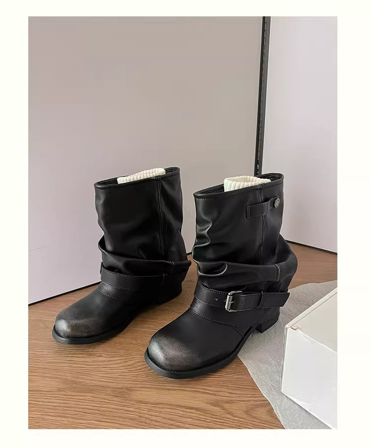 Wide-leg Stacked Pleated Cuff Western Cowboy Chunky Heel Riding Short Boots 2025 Fall/Winter New Style Fashionable And Versatile_voghion.com