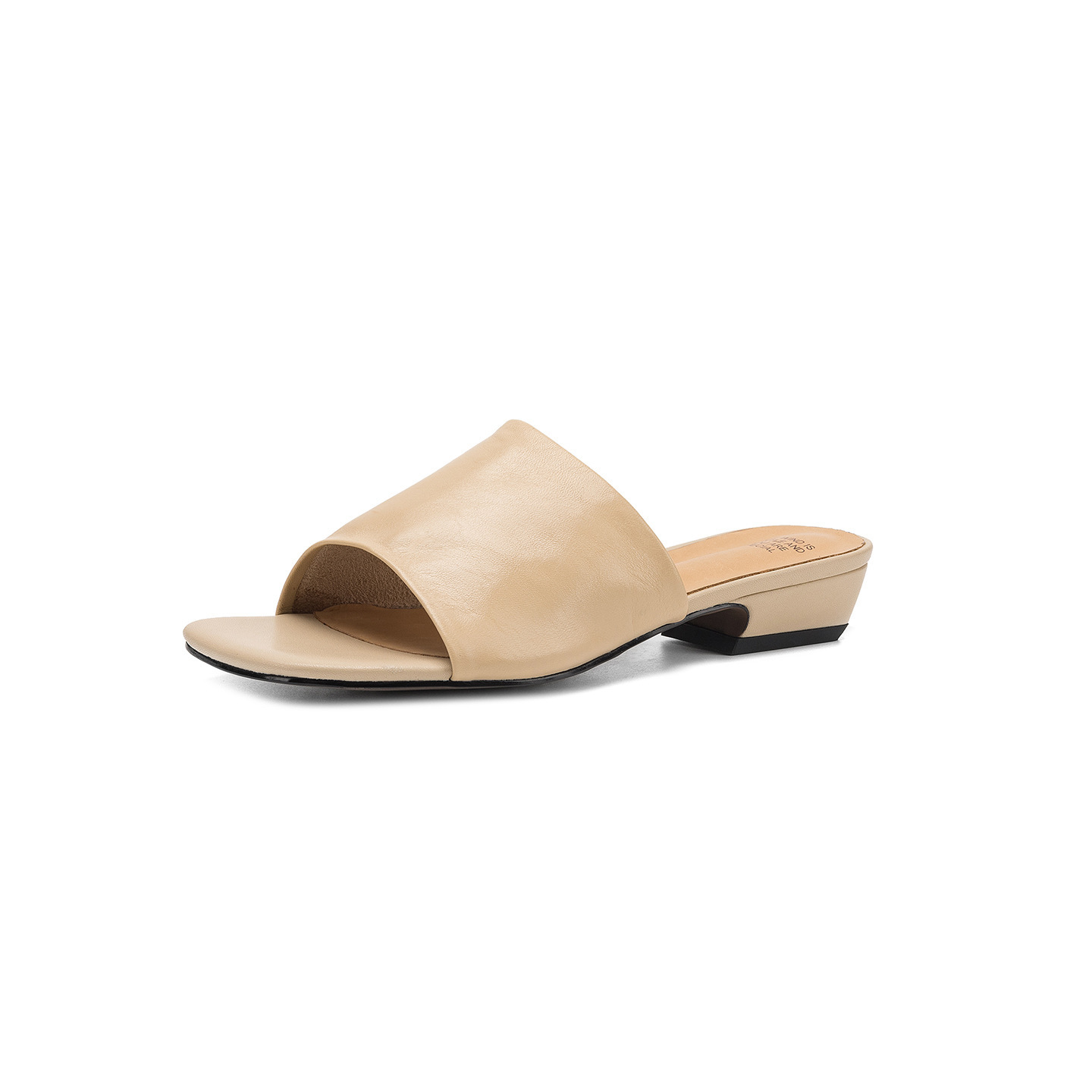 Dép sandal nữ quai chữ V mũi vuông da bò gót thấp — đen