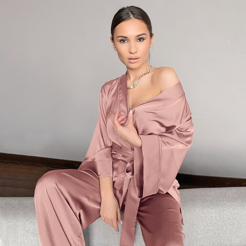 Autumn Satin Long Sleeve Cardigan Lace Up Nightgown Suit Women's European And American Home Slacks Pajamas Suit 2021