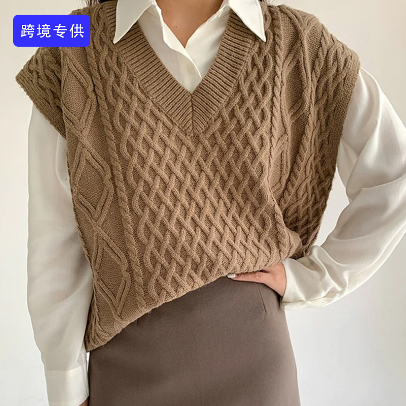 Ready-Made Sweater Customized Cross-Border Foreign Trade European and American Amazon Solid Color Cable Loose Casual Cable Knitted Vest for Women Ready-Made Sweater Customized Cross-Border Foreign Trade European and American Amazon Solid Color Cable Loose Casual Cable Knitted Vest for Women