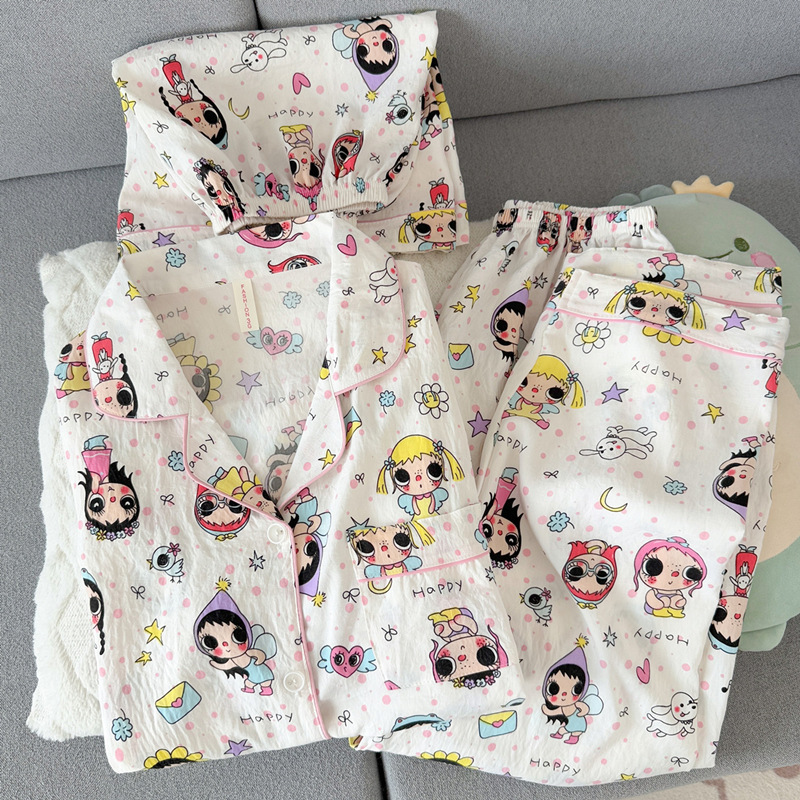 Cute Little Jade Cloud Pure Cotton Gauze Pajamas for Women, 2026 New Summer Short-Sleeve Three-Piece Home Wear Set, Can Be Worn Outside
