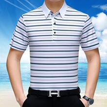 梦特骄桑蚕丝冰丝短袖t恤男条纹中年爸爸休闲高端polo衫诚招代理