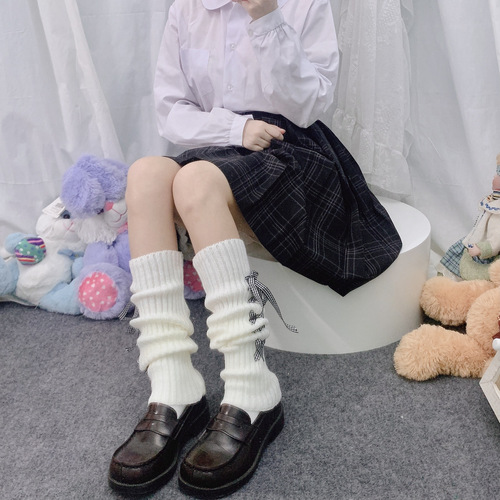 Japanese cute cross lacing JK socks autumn and winter warm leg sleeve long tube socks vertical stripe lolita pile socks 