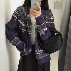 费尔岛连帽复古撞色毛衣外套女秋冬新款宽松百搭针织开衫上衣1172