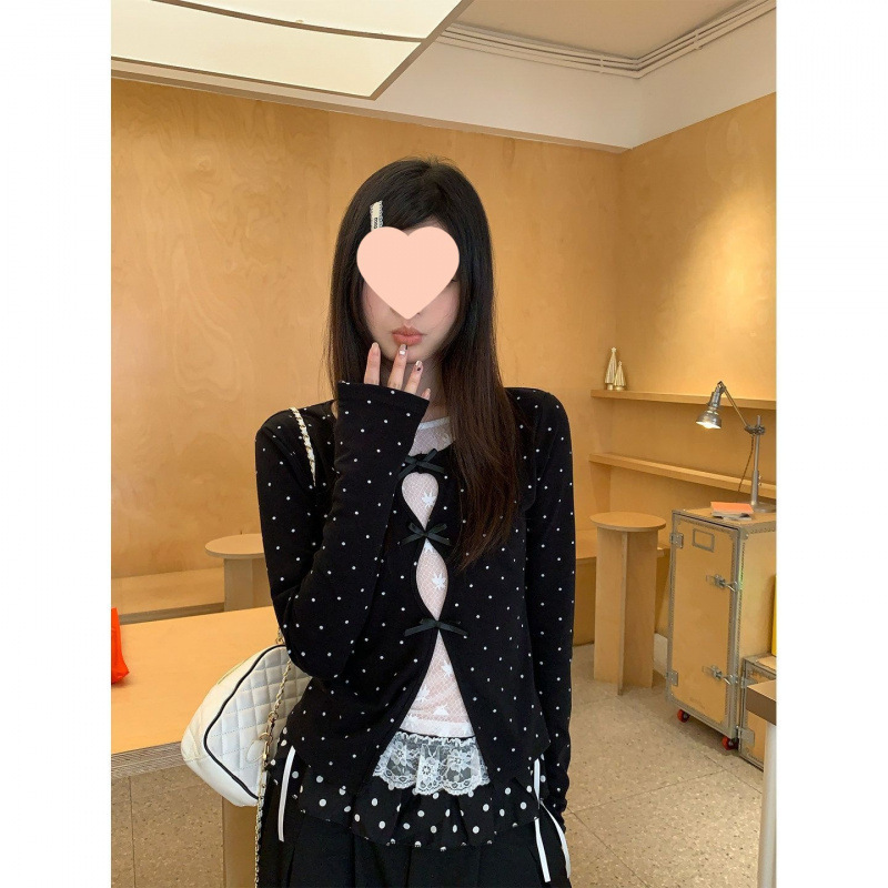 Cotton Black and White Polka Dot Faux Two-Piece Lace Long-Sleeve T-Shirt for Women, Spring Korean Style Slim Fit Top Cotton Black and White Polka Dot Faux Two-Piece Lace Long-Sleeve T-Shirt for Women, Spring Korean Style Slim Fit Top