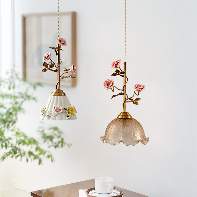 French Pastoral Style Bedside Pendant Light Vintage Study Entrance Rose Flower Creative Glass Atmosphere Lamp