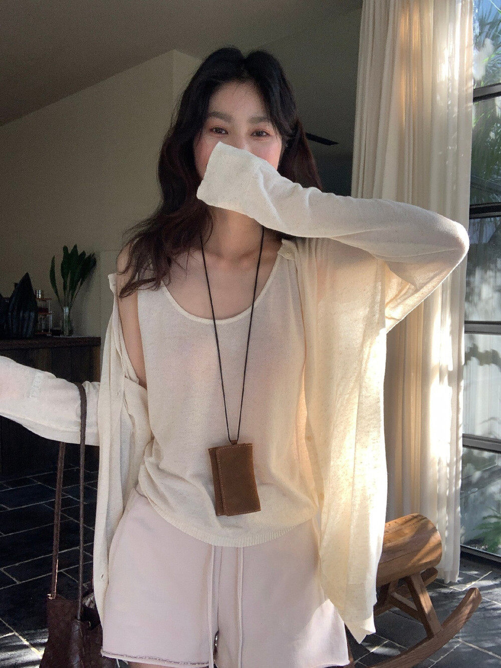 Bộ cardigan len phối áo hai dây nữ phong cách lười biếng mùa hè — yến mạch chi tiết 10