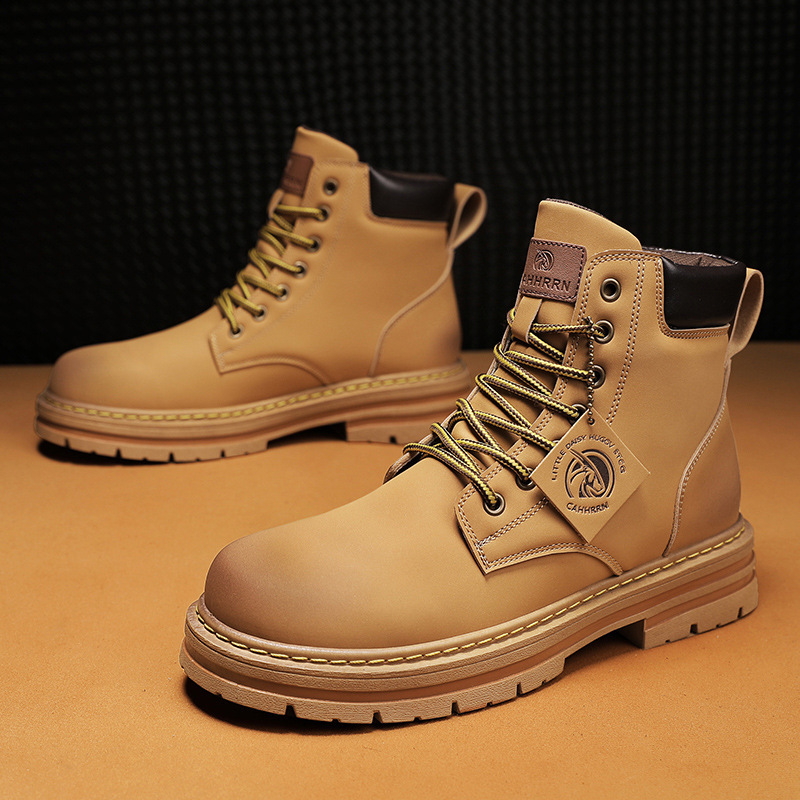 New cross-border men's Martin boots, fashionable autumn and winter high-top thick-soled wear-resistant work boots, fleece-lined and thickened yellow boots New cross-border men's Martin boots, fashionable autumn and winter high-top thick-soled wear-resistant work boots, fleece-lined and thickened yellow boots