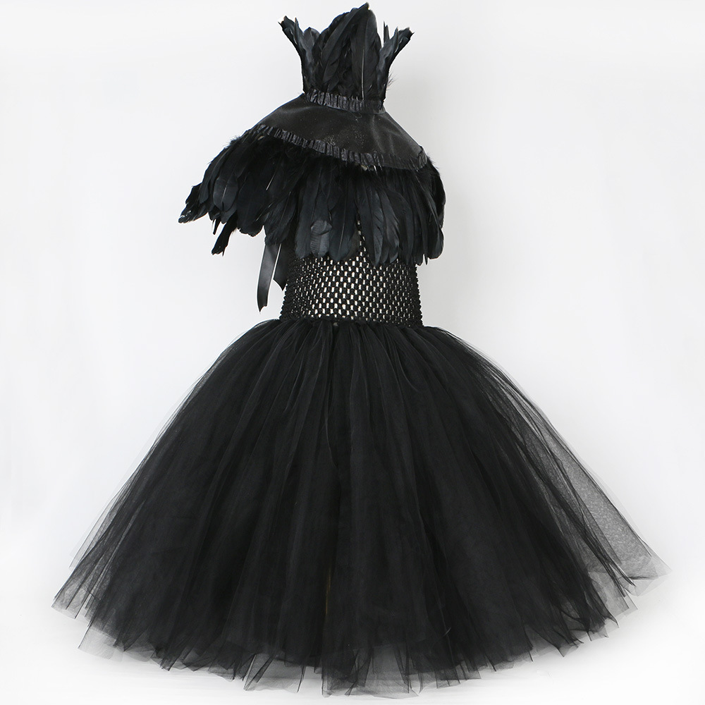 Ropa para niños Vestido de bruja maléfica Capa de plumas Disfraz de Halloween para niños Vestido de malla negro para niña gótica_voghion.com