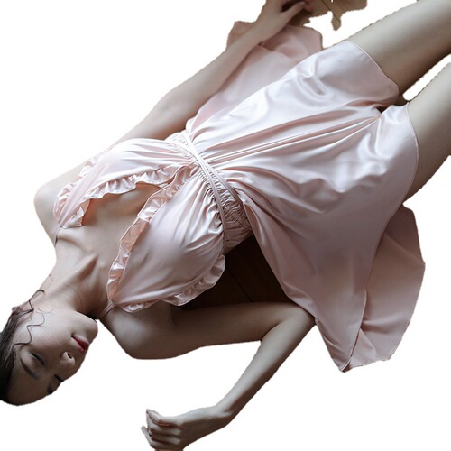 A sexy sleep gown with lace trim, featuring a large-breasted satin spaghetti strap dress with tie details and ruffled edges, drop-shipped for women.