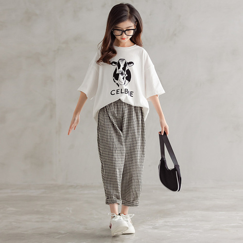 Girls 2024 Summer Sports Alphabet Korean Style Casual Suit, Dropshipping for Middle and Large Children Western Style Checkered Pants Two-piece Set