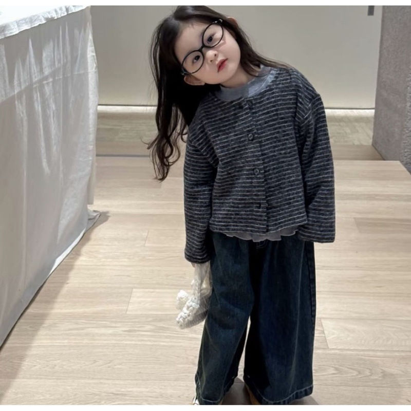 韩版童装2025秋季新款女宝宝条纹开衫花边打底衫牛仔阔腿裤三件套|undefined