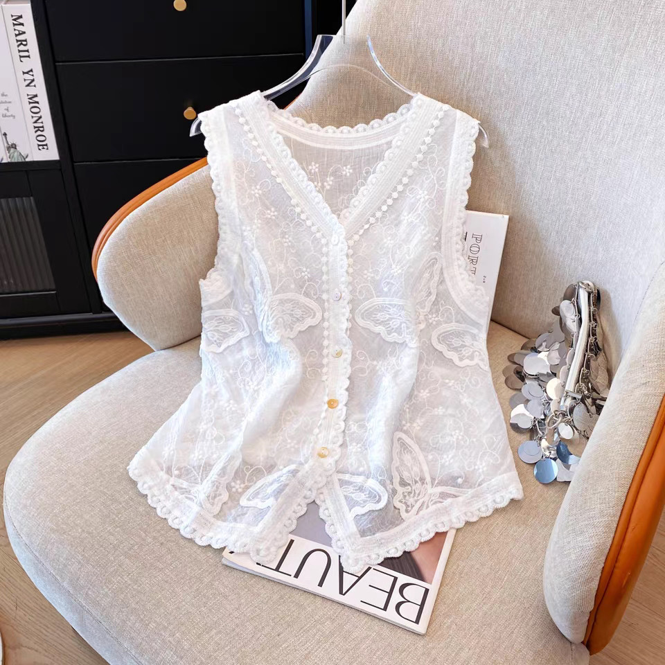 French Lace Vest for Women's Outer Wear 2025 Summer New Design V Neck Outer Wear Layered Vest Top