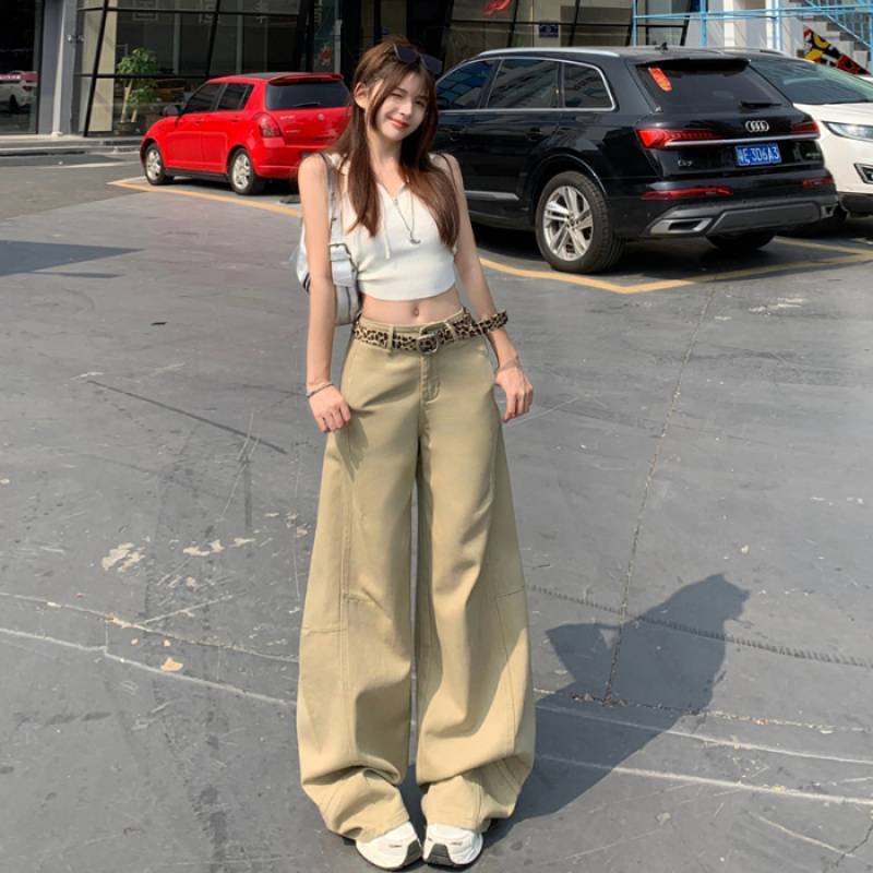 批发款美式复古牛仔裤女设计感拼接米白色宽松阔腿直筒长裤|undefined