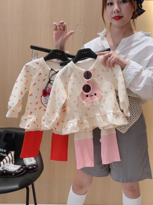 2025女童秋季套装新款韩范卡通Kt猫碎花裙摆卫衣拼色打底裤甜美套|undefined