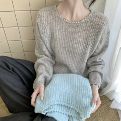 25秋冬女装韩系圆领钉珠镂空羊毛衫极简纯色百搭贝熊绒针织衫毛衣
