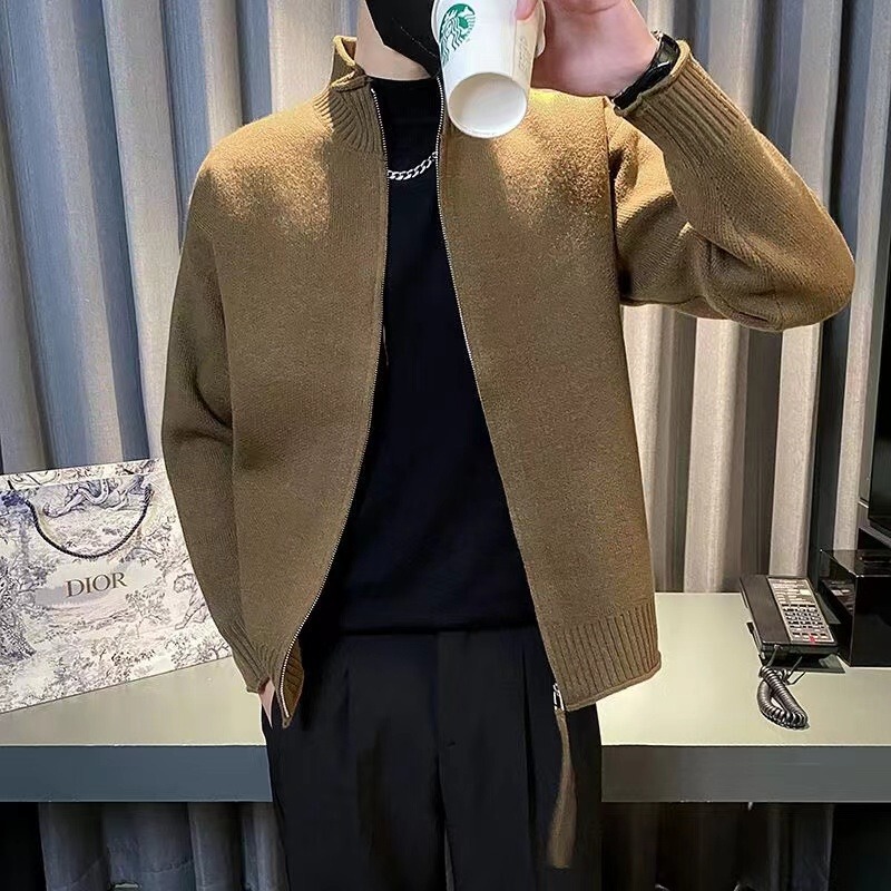 Solid Color Autumn and Winter Stand Collar Cardigan Sweater for Men, Slim Fit, Stylish Inner Knitwear, Trendy Brand Knit Sweater Jacket