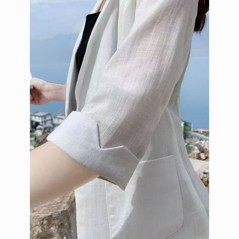 薄款亚麻小西装女轻薄夏季新款小个子中年七分袖小西服白色外套女