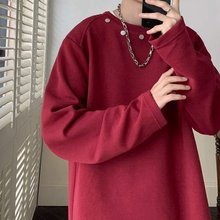 酒红色领口铆钉小众设计感圆领套头卫衣男美式高街潮牌打底衫上衣