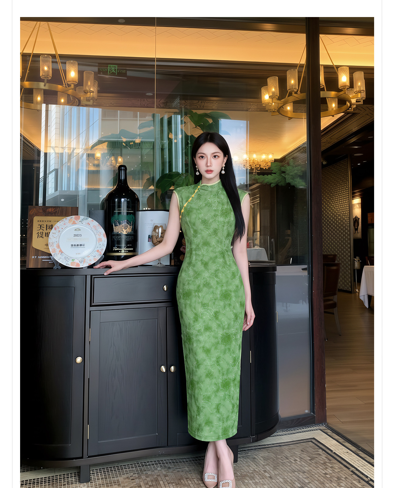 Đầm maxi nữ thắt eo cổ đứng tay dài họa tiết loang màu phong cách Tân Trung Hoa — Xanh lá cây nhạtcolor chi tiết 10