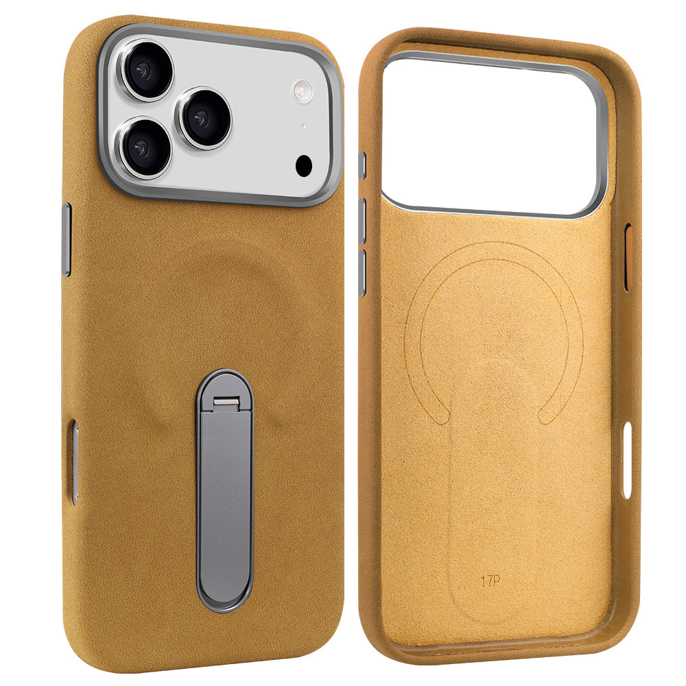 Ốp lưng iPhone 16/17 Pro da lộn từ tính có chân đứng ẩn — màu đen, nâu, màu xám, Kaki chi tiết 17