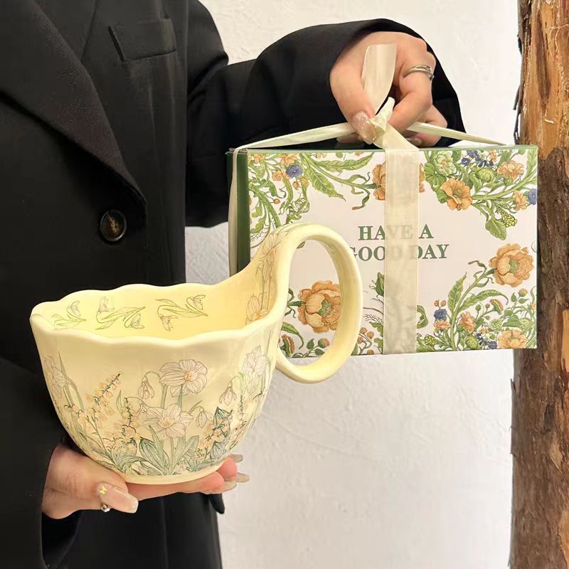 复古油画风铃花陶瓷咖啡杯碟套装高颜值带盖大容量马克水杯伴手礼|undefined