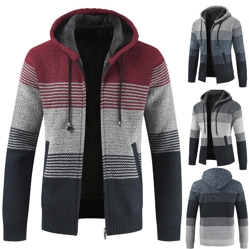 2021 autumn new men's plus velvet padded hooded color matching sweater cardigan coat men's tide a generation of hair