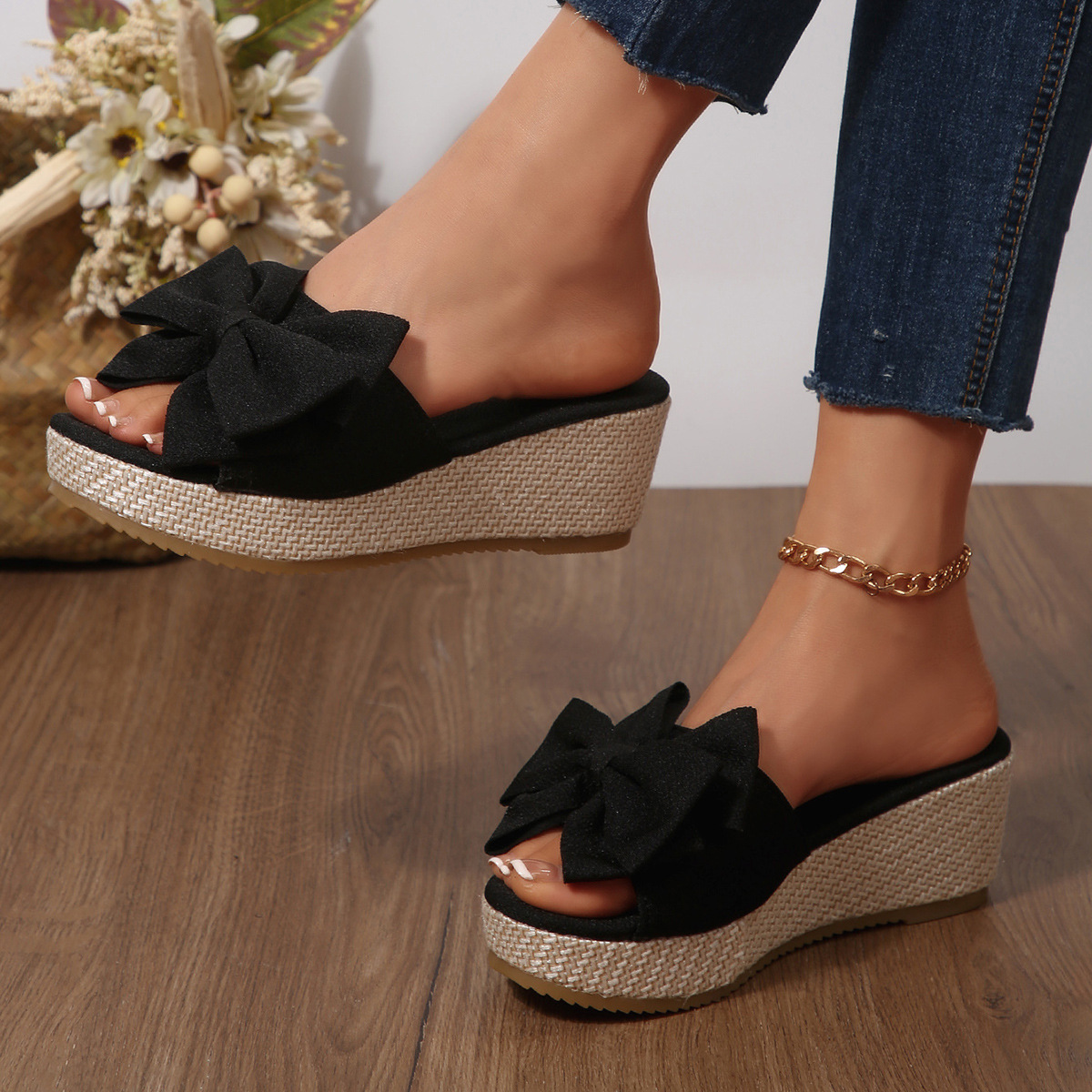 Women's Summer Bow Wedge Sandals European And American Style Thick Sole Platform Fabric Plus Size New Style_vogvips.com