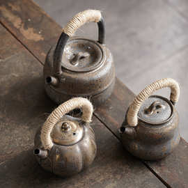 铁锈釉麻绳提梁壶茶具茶壶陶瓷日式复古手工鎏金粗陶功夫泡茶单壶
