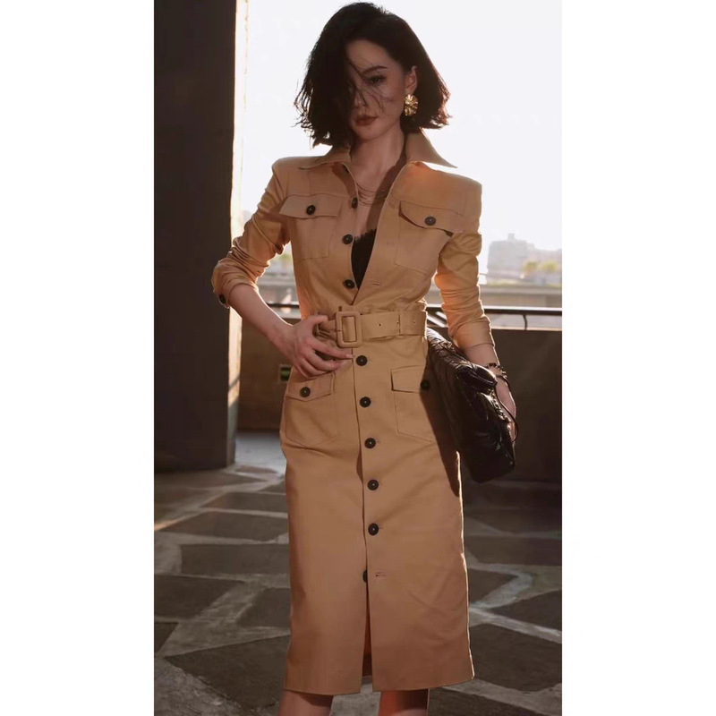 Stunning French-Style Light Luxury High-End Elegant and Graceful Waist-Cinching Khaki Work Shirt Dress for Women in Autumn