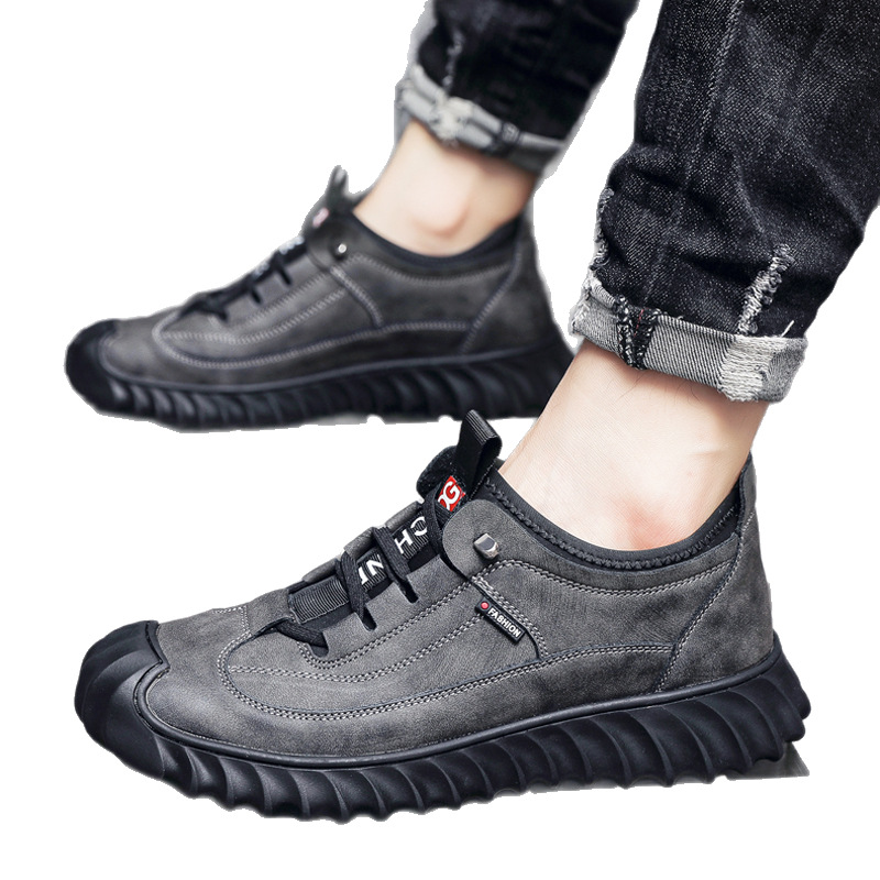 Zapatillas hombre piel negra media caña suela gruesa outdoor hiking_voghion.com