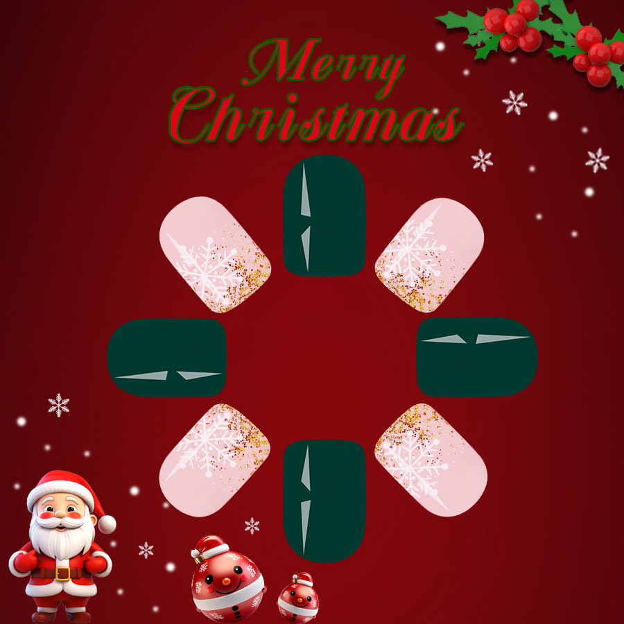 Korte heldere vierkante pantser 2024 nieuwe kerstverloop sneeuwvlok donkergroen afneembare draagbare nagelstickers 24 stuks_voghion.com
