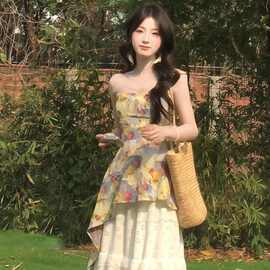 纯欲性感扎染抹胸吊带背心女法式夏季新款不规则收腰显瘦辣妹上衣
