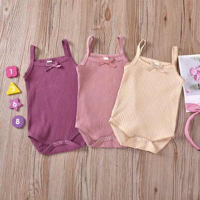 夏季新款男女婴幼儿宝宝吊带纯色三角哈衣坑条组合无袖连体衣套装|ms