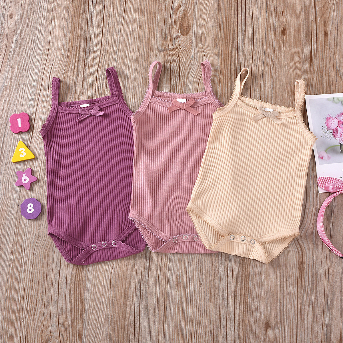 夏季新款男女婴幼儿宝宝吊带纯色三角哈衣坑条组合无袖连体衣套装|ms