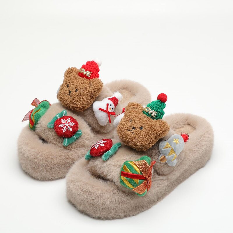 Little Bear Thick-Soled Christmas Furry Slippers for Women, Suitable for Outdoor Wear in Autumn and Winter, Cute Non-Slip Indoor Home Slippers, Niche Cotton Slippers