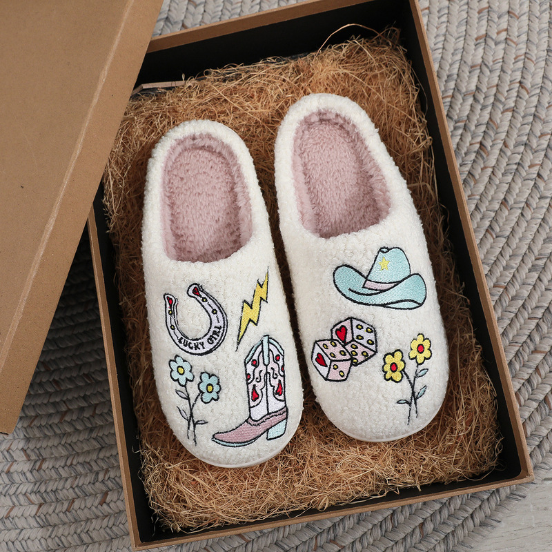 European and American Hot-Selling Western Style Denim Element Cotton Slippers for Women Winter Comfortable Plus Velvet Thick Fur Slippers Ready for Delivery