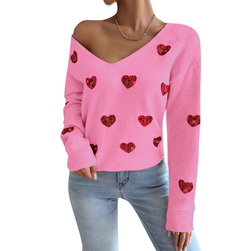 European and American Autumn and Winter Cross-Border Amazon Valentine's Day Design Sequin Heart Embroidered V Neck Pullover Sweater Women's Top