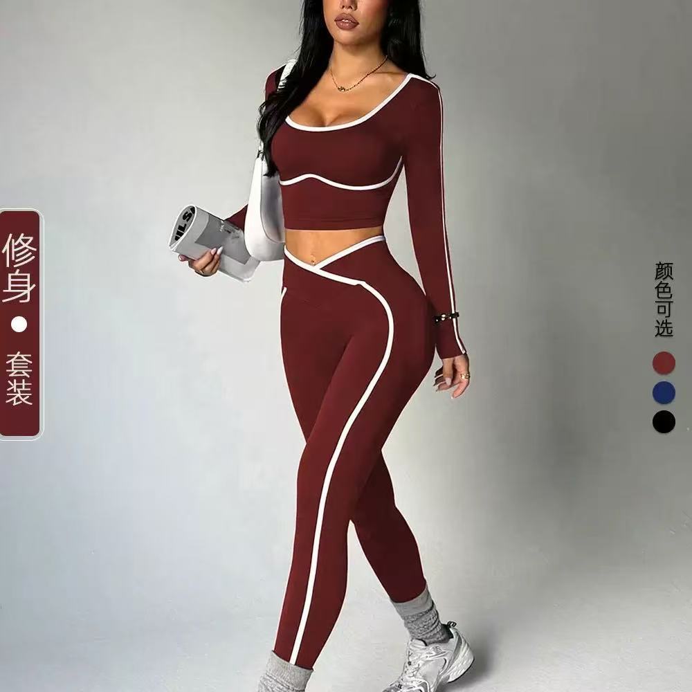 Xiyun explosivo cross-border color contrastante yoga ajustado manga larga frente V cintura elevación de cadera ajustado conjunto de pantalones de calzado