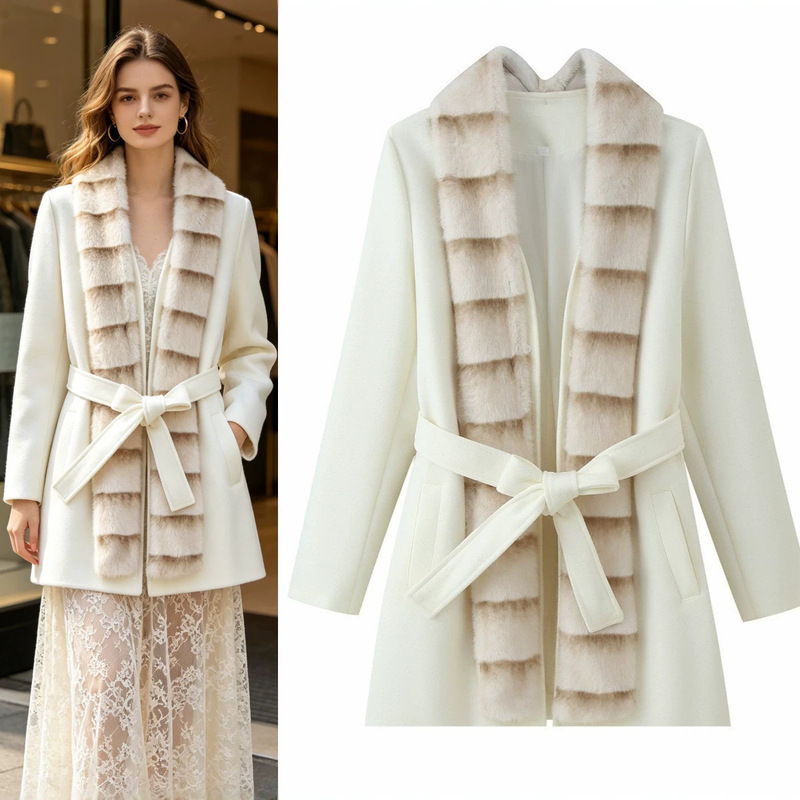 Za Cross-Border Export Spot European and American Style Women's Autumn and Winter Fashion Fur Collar Decorative Long Lace-Up Woolen Jacket