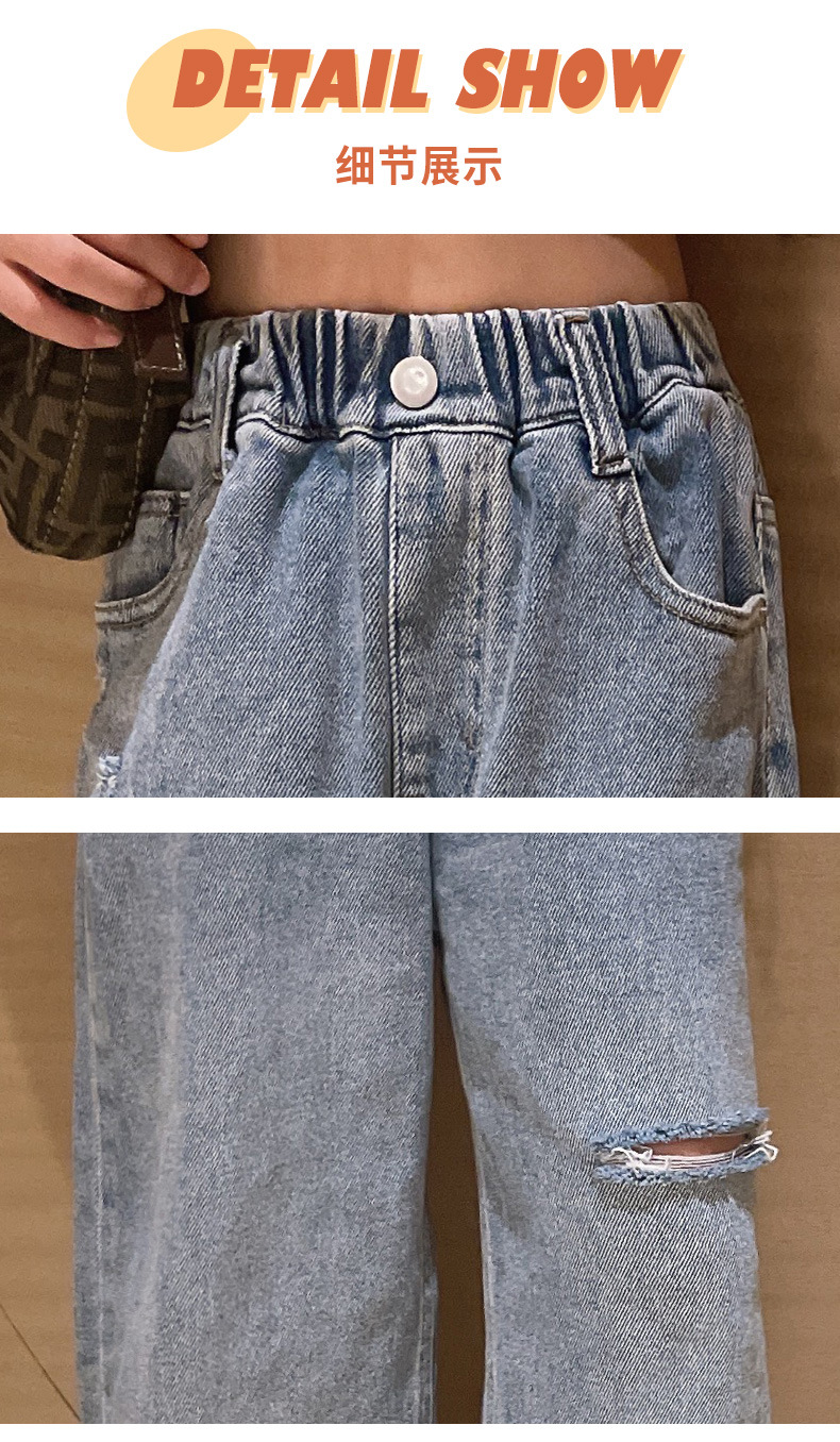 Neue Frühjahr Mädchen Kleidung Kinder Gerade Ripped Loch Lose Jeans Elastische Taille Hose Kind Teen Denim Breite Bein Hosen frühlen – Detail 9