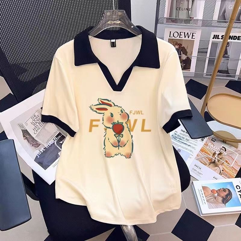 2024 New Summer Polo Collar Large Size 1.00 kg-150.00 kg Short-sleeved T-shirt Women's Contrast Color Loose Half-sleeved Top Trendy 2024 New Summer Polo Collar Large Size 1.00 kg-150.00 kg Short-sleeved T-shirt Women's Contrast Color Loose Half-sleeved Top Trendy