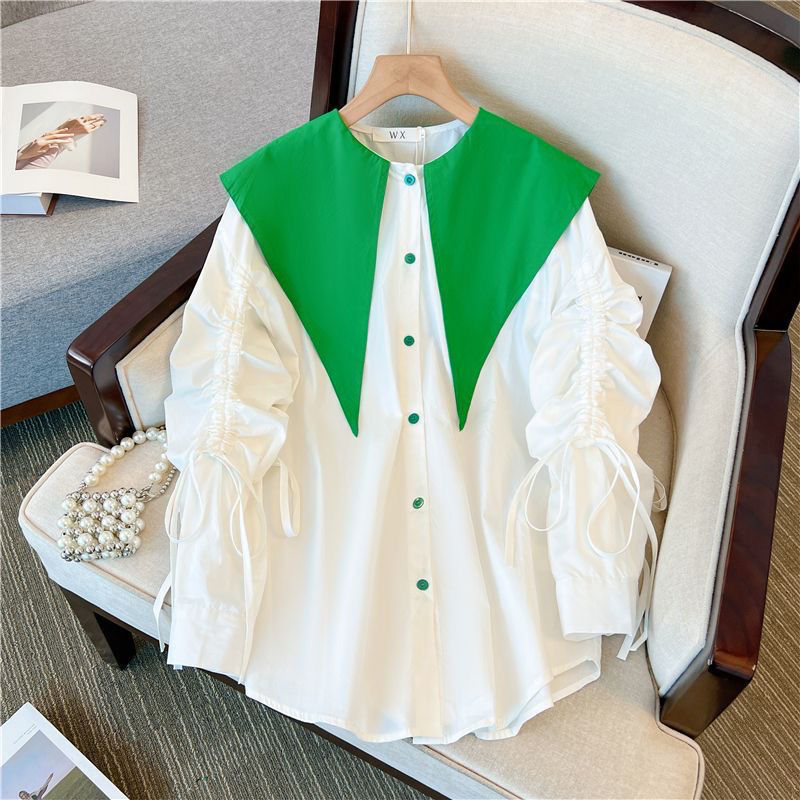 New spring and autumn style big pointed collar design niche loose casual splicing shirt women's long-sleeved doll collar top