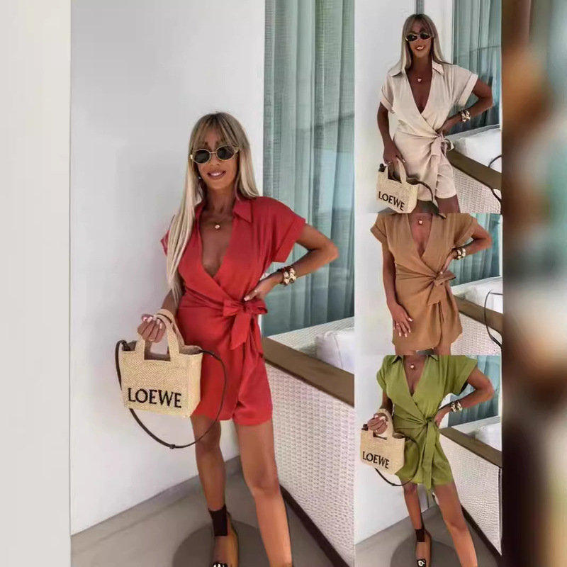 2024 Latin American Cross-border Fashion Women's Jumpsuit Casual Solid Color Classic Lace-up Lace-up Shirt Sleeve Shorts